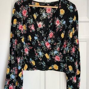Topshop Pink and Yellow Wrap Blouse Long Sleeve Crop
